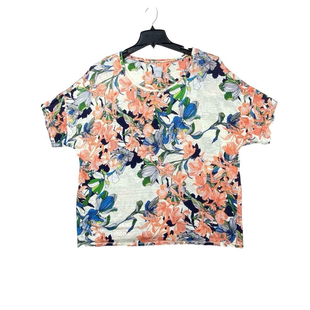 Chico's Tropical Floral Top Women's 4 (XXL) 100% Linen Short Sleeve Crew Neck